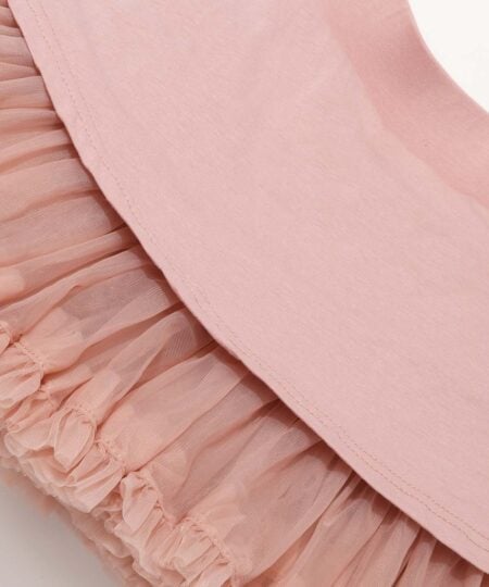 Fodera rosa in cotone di vestito e gonna e volant rosa in nylon. Taglie disponibili: 80/86, 92/98, 98/104, 110/116, 122/128, 134