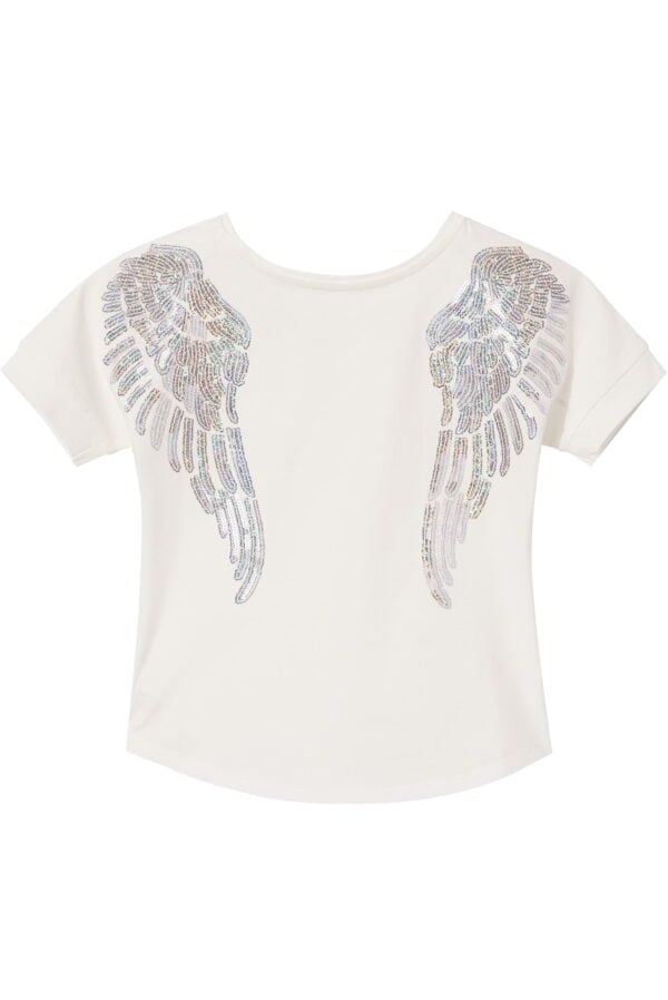 Camiseta blanca para niñas con alas plateadas - espalda de la camiseta con lentejuelas