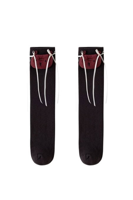 Black knee-high socks for a girl with a dark red teddy bear and white strings