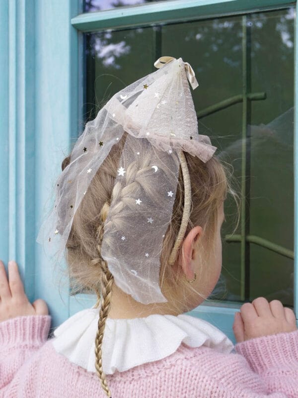 Pink children’s birthday hat with veil, decorated with glitter and stars