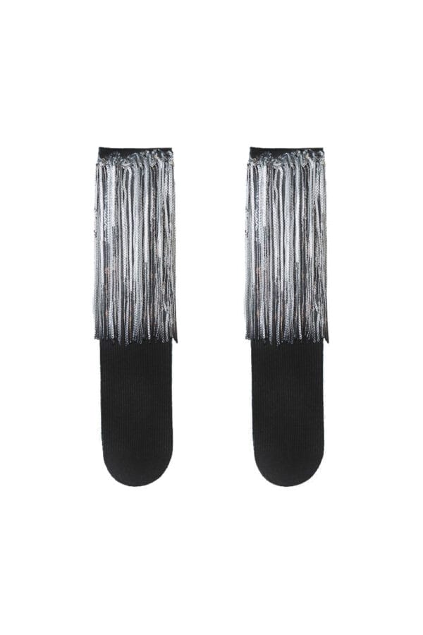 Black knee-high socks for a child with silver fringes decorated with shimmering sequins