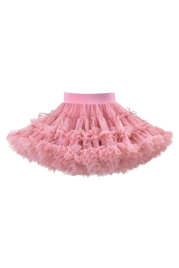 Pink tulle skirt for a girl with pink ruffles and bows