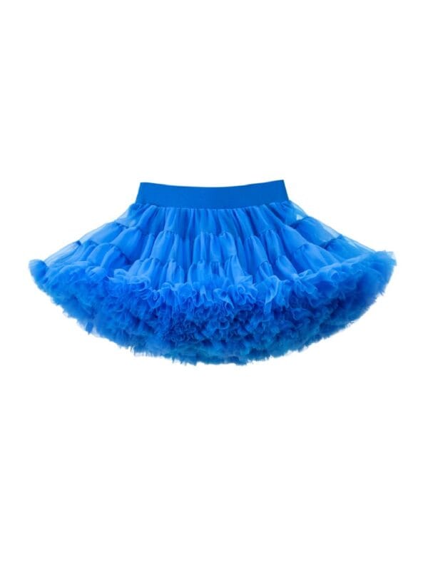 Blue tulle skirt with full ruffles and elastic waistband for a girl