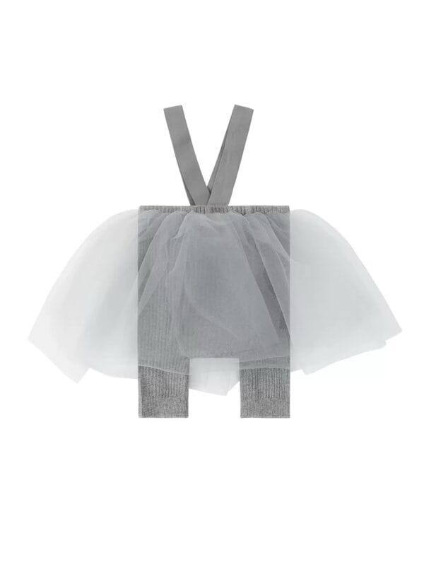 Pantis cortos grises con tirantes y falda de tul verde menta, para niñas.