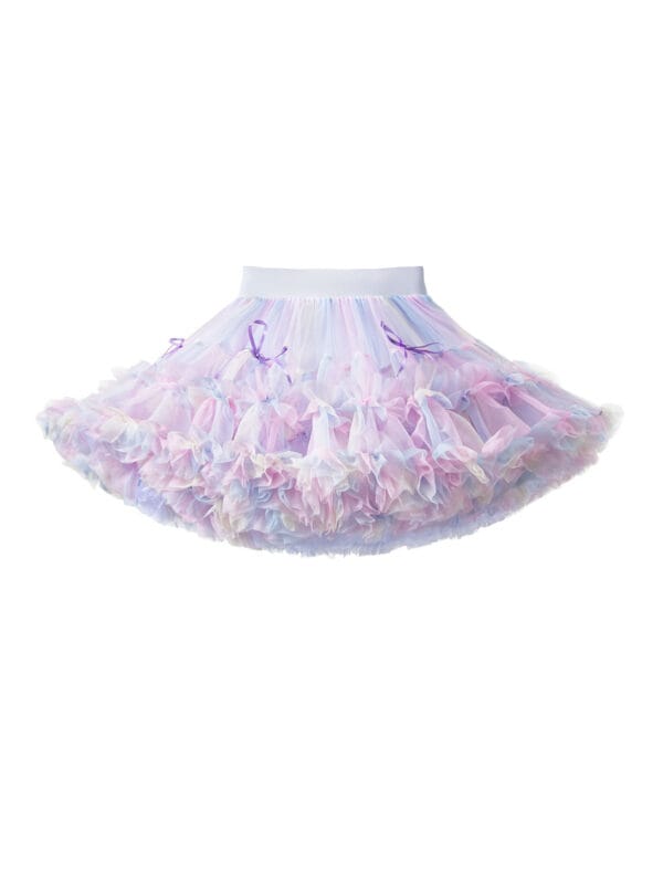 Tulle skirt for a girl in pink and purple with ruffles and ribbons.