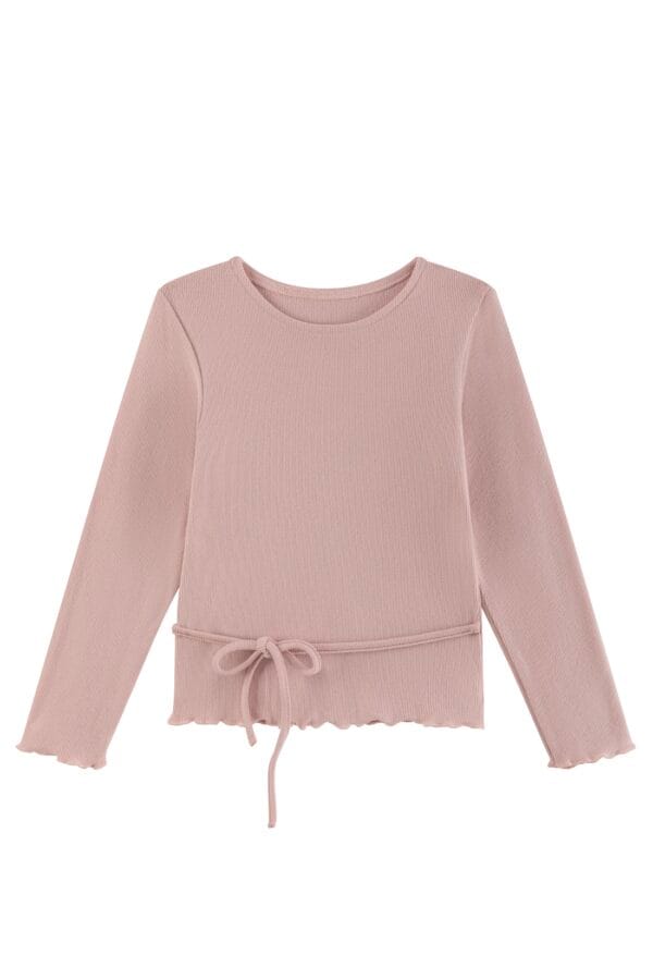 Blusa rosa para niña con manga larga y lazo en la cintura, tejido acanalado.