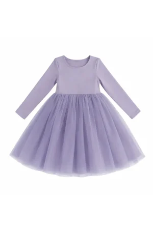 Mädchenkleid in Helllila mit langen Ärmeln und voluminösem Tüllrock mit Rüschen