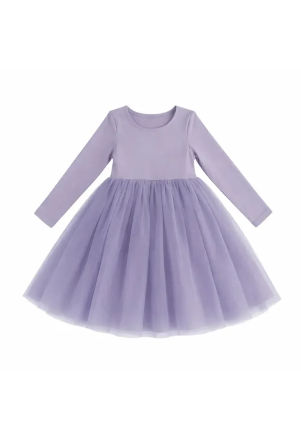 Light lilac long-sleeved girl’s dress with a frilled tulle skirt.