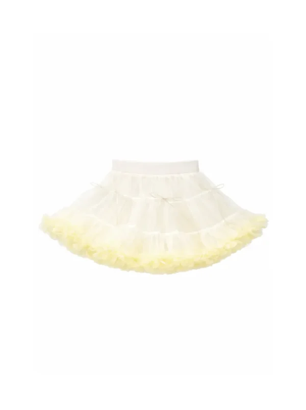 Jupe blanche pour fille avec volants jaunes, taille élastique, design superposé.