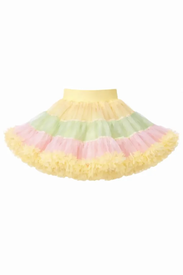 Falda tutu para niña en colores pastel: amarillo, verde, rosa, con volantes.