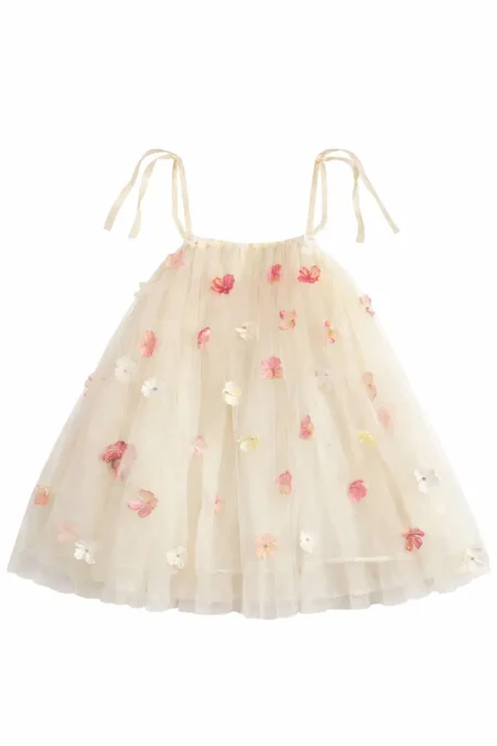 Cream girls dress with straps and embroidered flowers in pink and white shades. Available sizes: 98/104, 104/110, 110/116, 122/128, 134