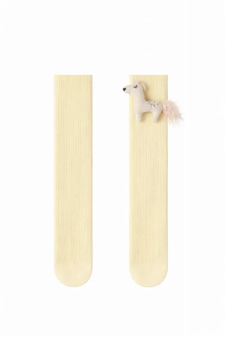 Yellow ribbed girl's socks with a cute animal decoration, featuring a small horse figurine and fluffy tail.
