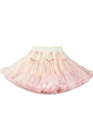 Girls' pink tulle skirt with decorative bows. Elasticated waist, lightweight layers.