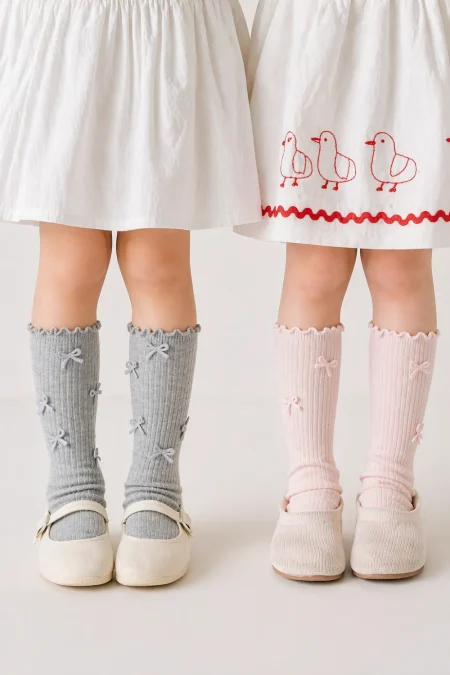 Calzini a coste rosa chiaro e grigi con fiocchi decorativi per bambina.