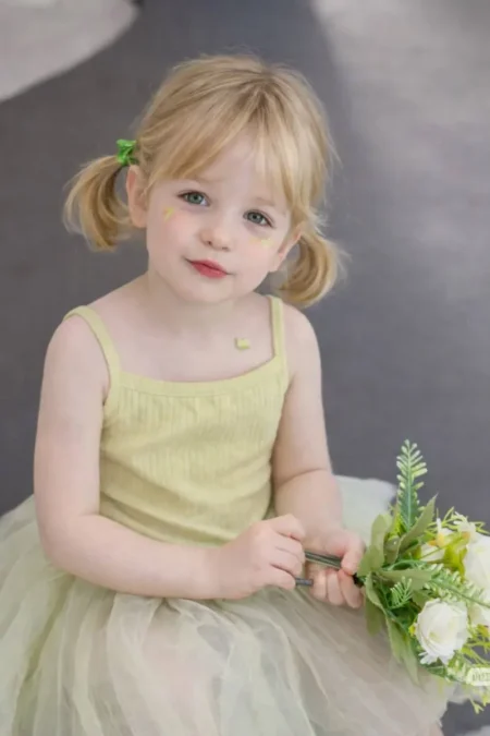 Niña con vestido de tul verde, con flores en las manos, sonriendo.