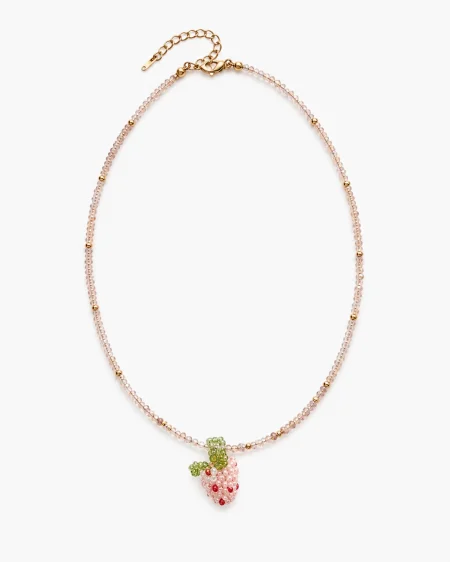 Girls' necklace with pink beads and a dangling strawberry charm.