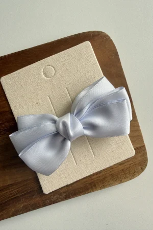 Decorative light blue bow on a pale backing.