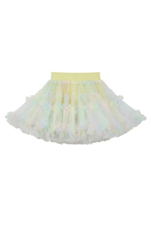Girls' skirt in pastel colours, with ruffles and an elasticated waist.
