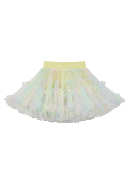 Girls' skirt in pastel colours, with ruffles and an elasticated waist.