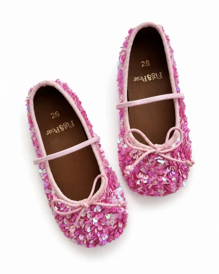 Różowe baleriny dla dziewczynki, pokryte cekinami, z ozdobnym kokardką. Idealne na ciepłe dni. Available sizes: 26, 27, 28, 29