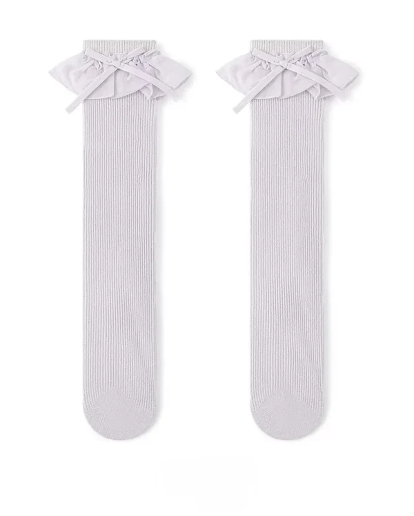 Light grey girls' socks with a frill and bow at the top.