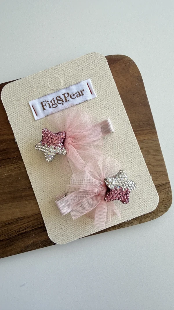 Barrettes pour fille en forme d’étoiles, roses et argentées, avec nœuds en tulle.