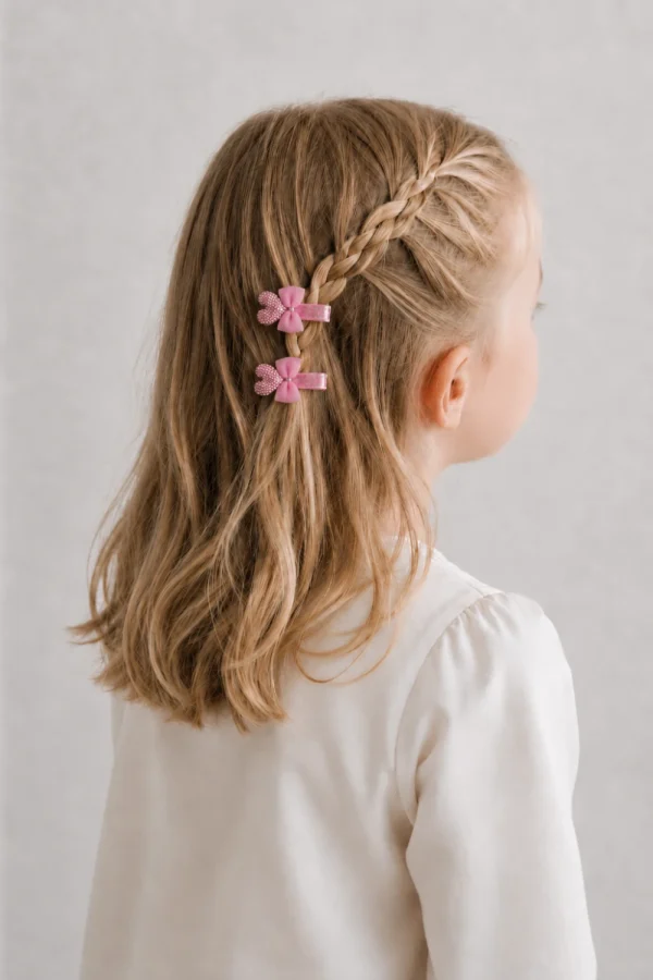 Pink heart hair clips for girls, adorned with bows to add charm to hairstyles.