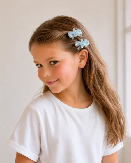 Blue hair clips for a girl with a star and tulle, decorated with pearls.