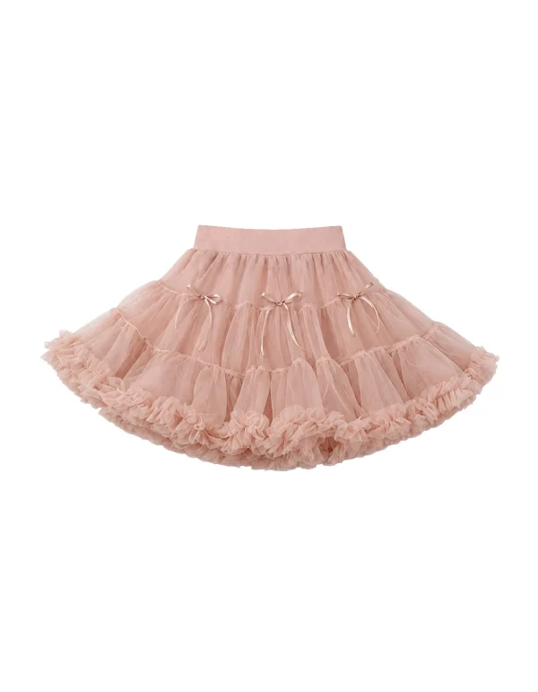 Pink girls' skirt with ruffles and bows in delicate fabric.