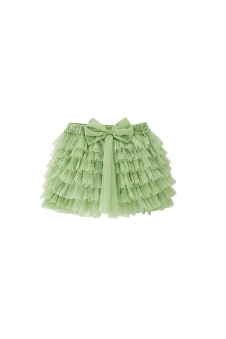 Spódniczka dla dziewczynki w kolorze jasnej zieleni, z warstwami materiału i dużą kokardą.