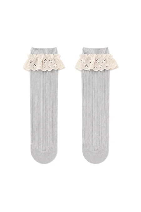 Grey girls' socks with an ecru lace cuff
