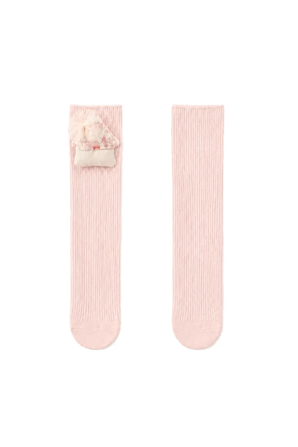Pink girls' socks with a frill and floral pattern.