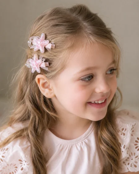 Mollette rosa a forma di stella marina per bambine, decorate con fiocchi.