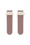 Knee-high socks with a lace frill Mat Plum