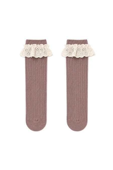 Purple girls' socks with lace trim at the top.