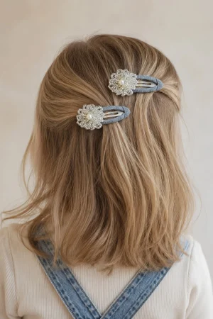 Grey hair clips for girls with flowers and pearls.