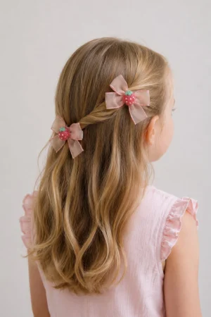 Pink strawberry hair clips with delicate ribbons, ideal for girls.